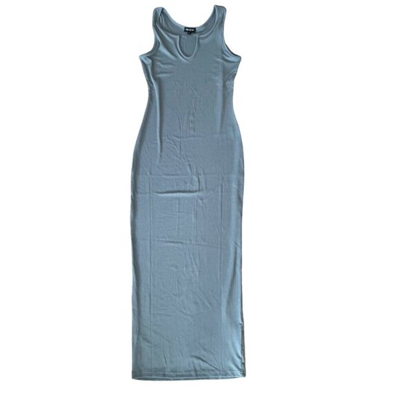 Ribbed Notch Neck Bodycon Maxi Dress Blue Pewter Gray S - Picture 4 of 8